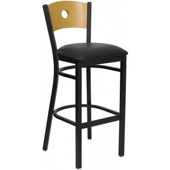 Black Circle Back Metal Restaurant Barstool - Natural Wood Back, Black Vinyl Seat