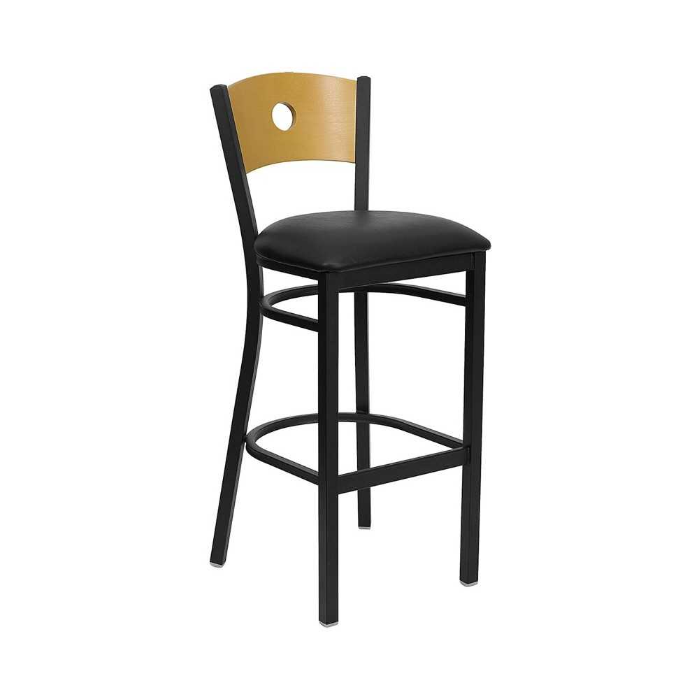 Black Circle Back Metal Restaurant Barstool - Natural Wood Back, Black Vinyl Seat