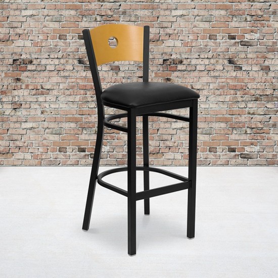 Black Circle Back Metal Restaurant Barstool - Natural Wood Back, Black Vinyl Seat