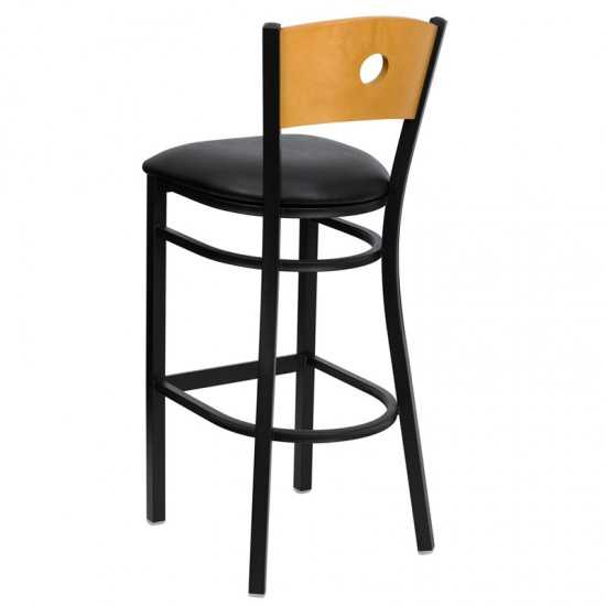 Black Circle Back Metal Restaurant Barstool - Natural Wood Back, Black Vinyl Seat