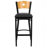 Black Circle Back Metal Restaurant Barstool - Natural Wood Back, Black Vinyl Seat