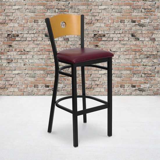 Black Circle Back Metal Restaurant Barstool - Natural Wood Back, Burgundy Vinyl Seat