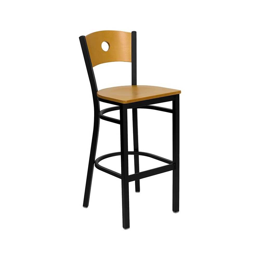 Black Circle Back Metal Restaurant Barstool - Natural Wood Back & Seat Black Circle Back Metal Restaurant Barstool - Natural Wood Back & Seat