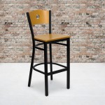 Black Circle Back Metal Restaurant Barstool - Natural Wood Back & Seat