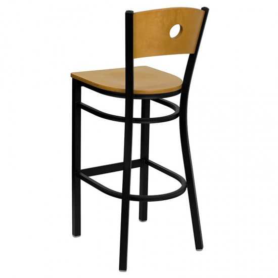 Black Circle Back Metal Restaurant Barstool - Natural Wood Back & Seat