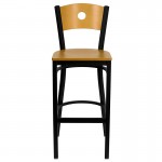 Black Circle Back Metal Restaurant Barstool - Natural Wood Back & Seat