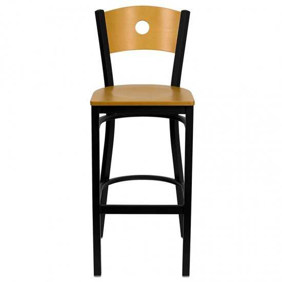 Black Circle Back Metal Restaurant Barstool - Natural Wood Back & Seat