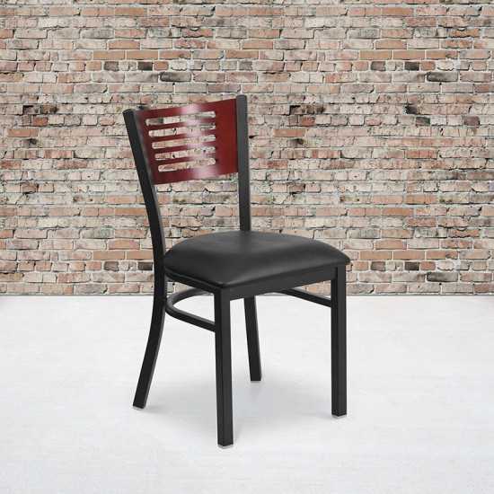 Black Slat Back Metal Restaurant Chair - Mahogany Wood Back, Black Vinyl Seat