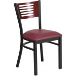 Black Slat Back Metal Restaurant Chair - Mahogany Wood Back, Burgundy Vinyl Seat