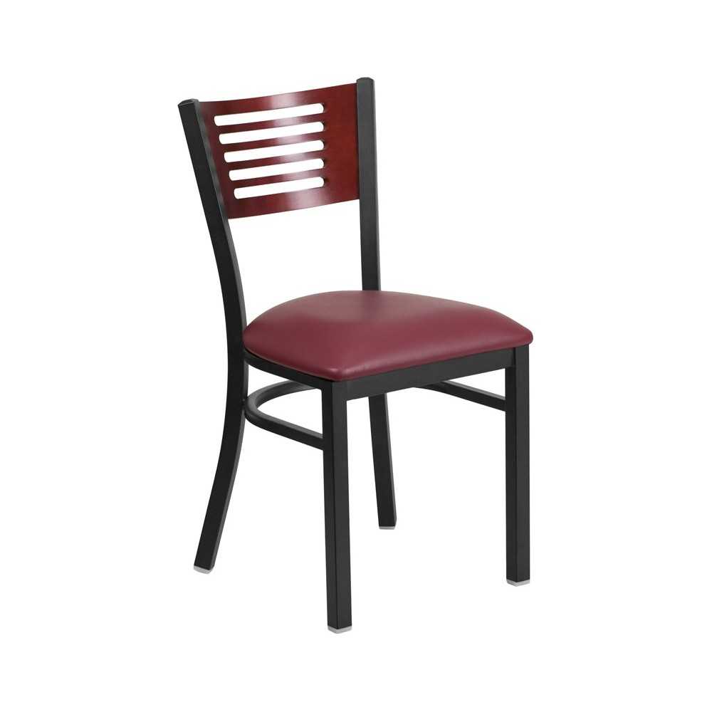 Black Slat Back Metal Restaurant Chair - Mahogany Wood Back, Burgundy Vinyl Seat