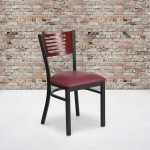 Black Slat Back Metal Restaurant Chair - Mahogany Wood Back, Burgundy Vinyl Seat