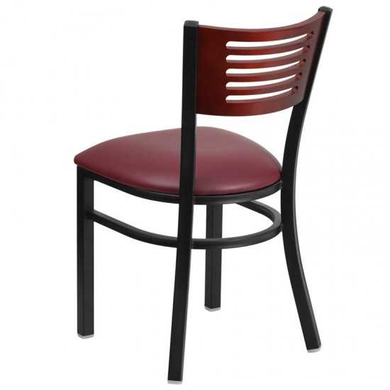 Black Slat Back Metal Restaurant Chair - Mahogany Wood Back, Burgundy Vinyl Seat