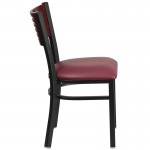 Black Slat Back Metal Restaurant Chair - Mahogany Wood Back, Burgundy Vinyl Seat