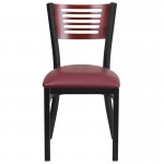 Black Slat Back Metal Restaurant Chair - Mahogany Wood Back, Burgundy Vinyl Seat