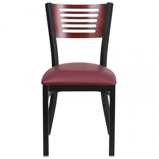 Black Slat Back Metal Restaurant Chair - Mahogany Wood Back, Burgundy Vinyl Seat