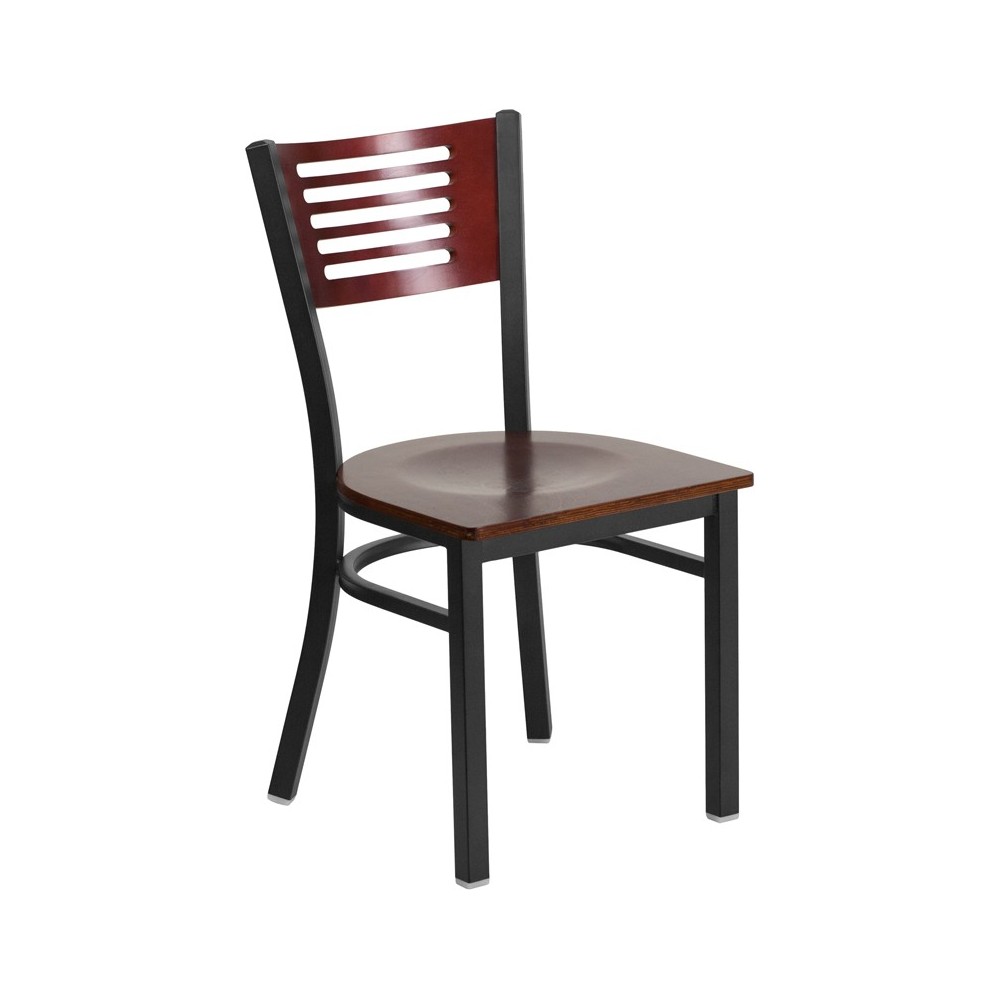 Black Slat Back Metal Restaurant Chair - Mahogany Wood Back & Seat