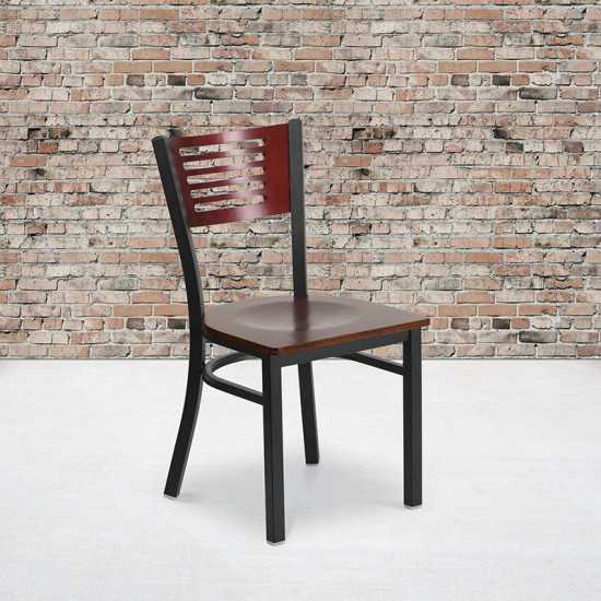 Black Slat Back Metal Restaurant Chair - Mahogany Wood Back & Seat