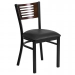 Black Slat Back Metal Restaurant Chair - Walnut Wood Back, Black Vinyl Seat