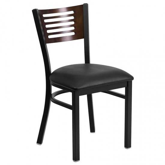 Black Slat Back Metal Restaurant Chair - Walnut Wood Back, Black Vinyl Seat