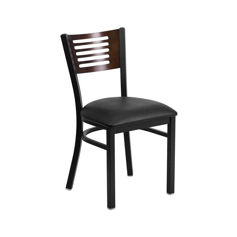 Black Slat Back Metal Restaurant Chair - Walnut Wood Back, Black Vinyl Seat