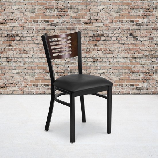 Black Slat Back Metal Restaurant Chair - Walnut Wood Back, Black Vinyl Seat