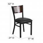 Black Slat Back Metal Restaurant Chair - Walnut Wood Back, Black Vinyl Seat