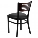 Black Slat Back Metal Restaurant Chair - Walnut Wood Back, Black Vinyl Seat