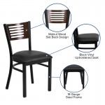 Black Slat Back Metal Restaurant Chair - Walnut Wood Back, Black Vinyl Seat