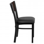 Black Slat Back Metal Restaurant Chair - Walnut Wood Back, Black Vinyl Seat