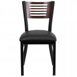 Black Slat Back Metal Restaurant Chair - Walnut Wood Back, Black Vinyl Seat