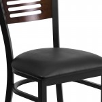 Black Slat Back Metal Restaurant Chair - Walnut Wood Back, Black Vinyl Seat