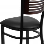 Black Slat Back Metal Restaurant Chair - Walnut Wood Back, Black Vinyl Seat