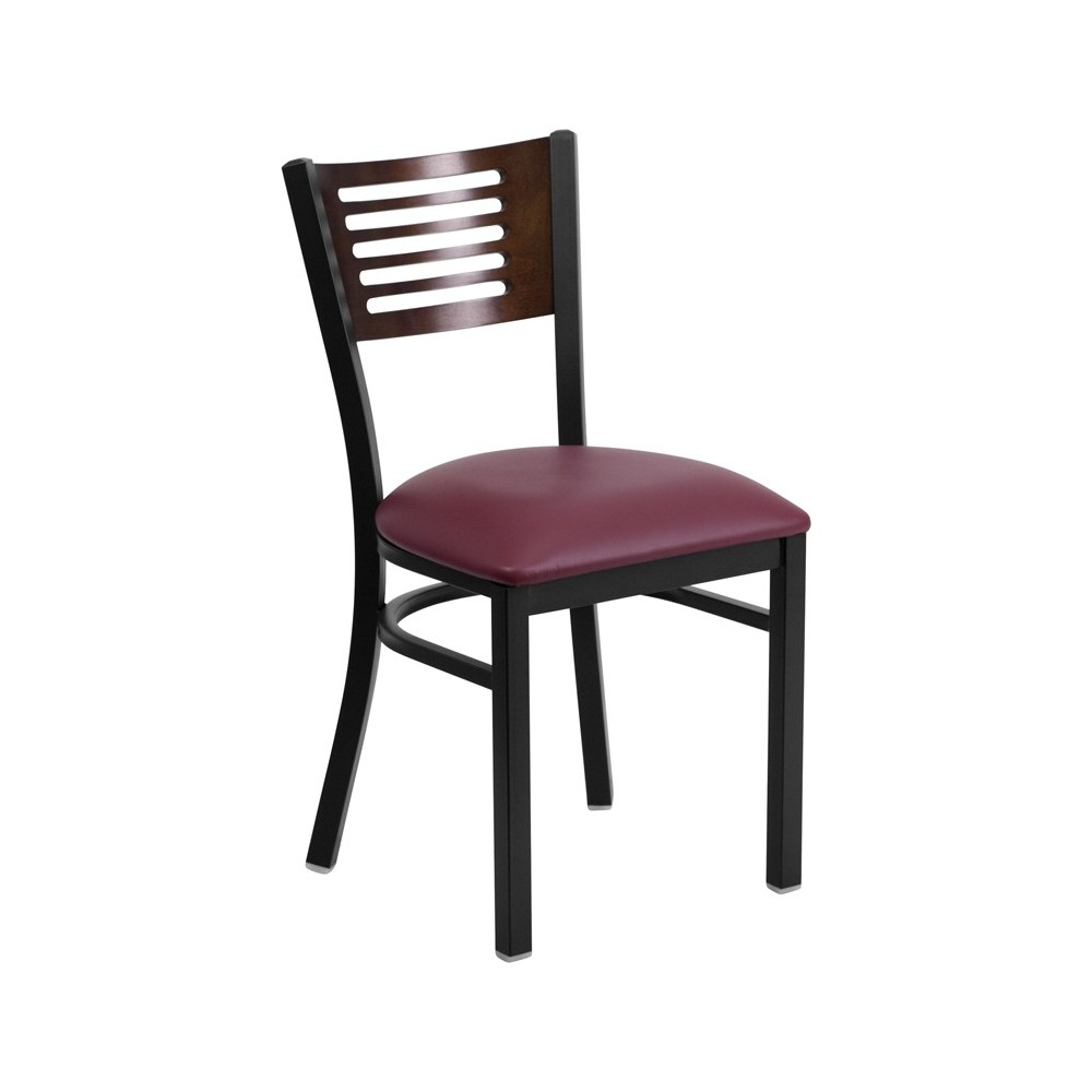 Black Slat Back Metal Restaurant Chair - Walnut Wood Back, Burgundy Vinyl Seat Black Slat Back Metal Restaurant Chair - Walnut Wood Back, Burgundy Vinyl Seat