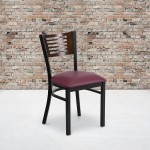 Black Slat Back Metal Restaurant Chair - Walnut Wood Back, Burgundy Vinyl Seat