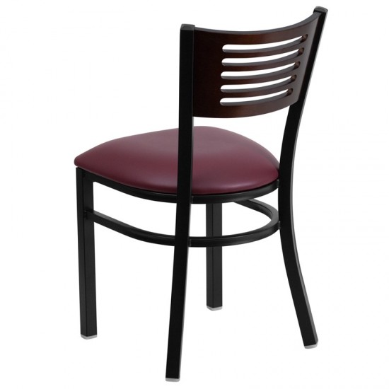 Black Slat Back Metal Restaurant Chair - Walnut Wood Back, Burgundy Vinyl Seat