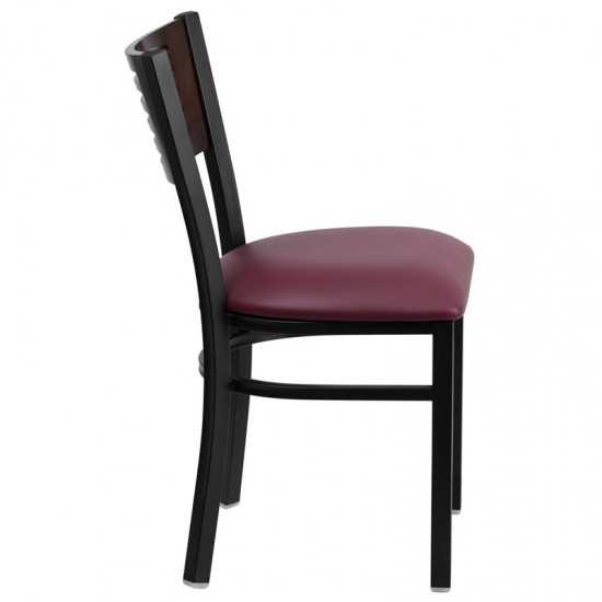 Black Slat Back Metal Restaurant Chair - Walnut Wood Back, Burgundy Vinyl Seat