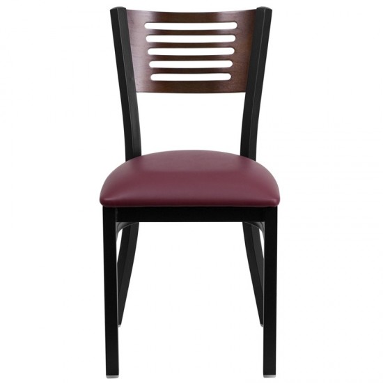 Black Slat Back Metal Restaurant Chair - Walnut Wood Back, Burgundy Vinyl Seat