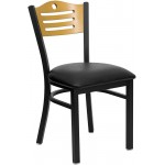 Black Slat Back Metal Restaurant Chair - Natural Wood Back, Black Vinyl Seat