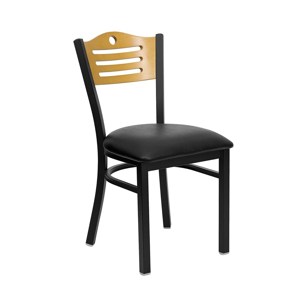 Black Slat Back Metal Restaurant Chair - Natural Wood Back, Black Vinyl Seat