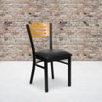 Black Slat Back Metal Restaurant Chair - Natural Wood Back, Black Vinyl Seat