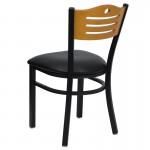 Black Slat Back Metal Restaurant Chair - Natural Wood Back, Black Vinyl Seat