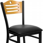 Black Slat Back Metal Restaurant Chair - Natural Wood Back, Black Vinyl Seat