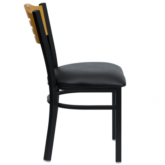 Black Slat Back Metal Restaurant Chair - Natural Wood Back, Black Vinyl Seat