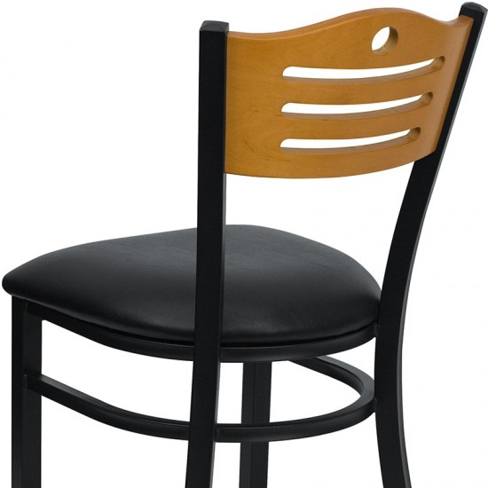 Black Slat Back Metal Restaurant Chair - Natural Wood Back, Black Vinyl Seat