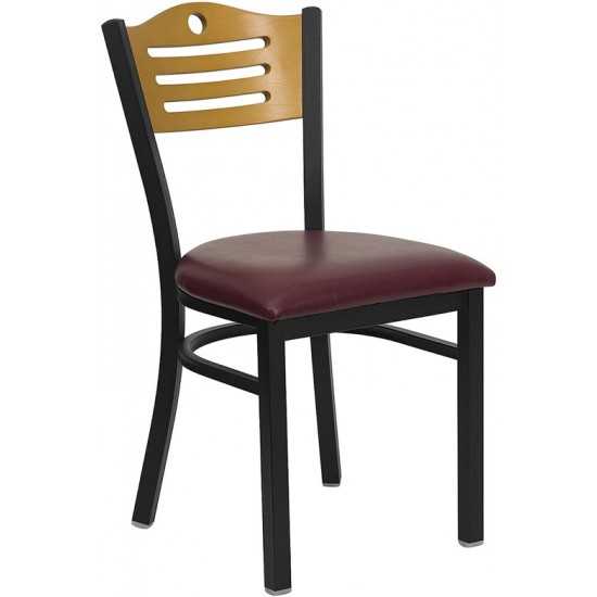 Black Slat Back Metal Restaurant Chair - Natural Wood Back, Burgundy Vinyl Seat