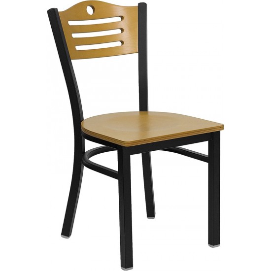 Black Slat Back Metal Restaurant Chair - Natural Wood Back & Seat