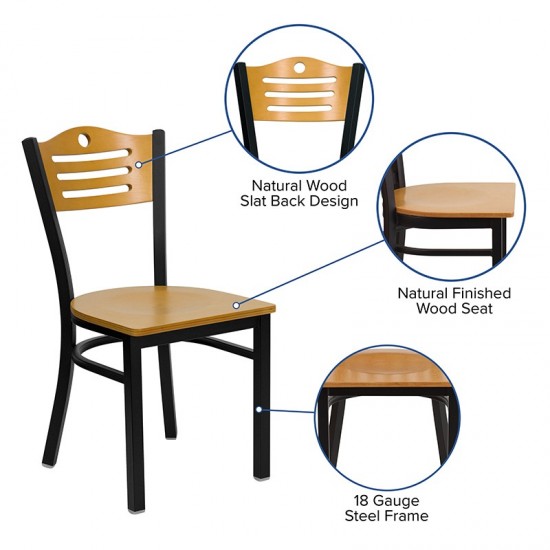 Black Slat Back Metal Restaurant Chair - Natural Wood Back & Seat