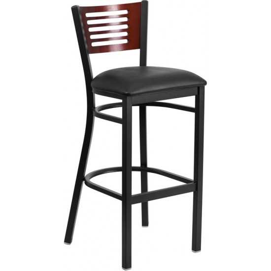 Black Slat Back Metal Restaurant Barstool - Mahogany Wood Back, Black Vinyl Seat