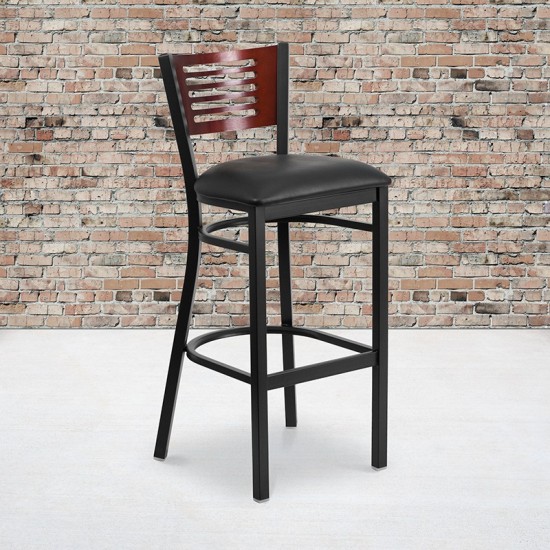 Black Slat Back Metal Restaurant Barstool - Mahogany Wood Back, Black Vinyl Seat