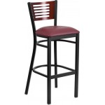 Black Slat Back Metal Restaurant Barstool - Mahogany Wood Back, Burgundy Vinyl Seat